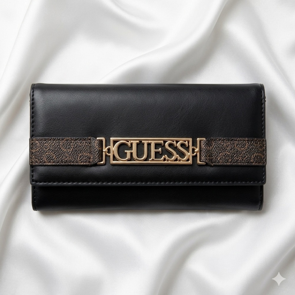 Guess Rhiannon Logo Fold-Over Clutch Wallet | Black Coated Canvas